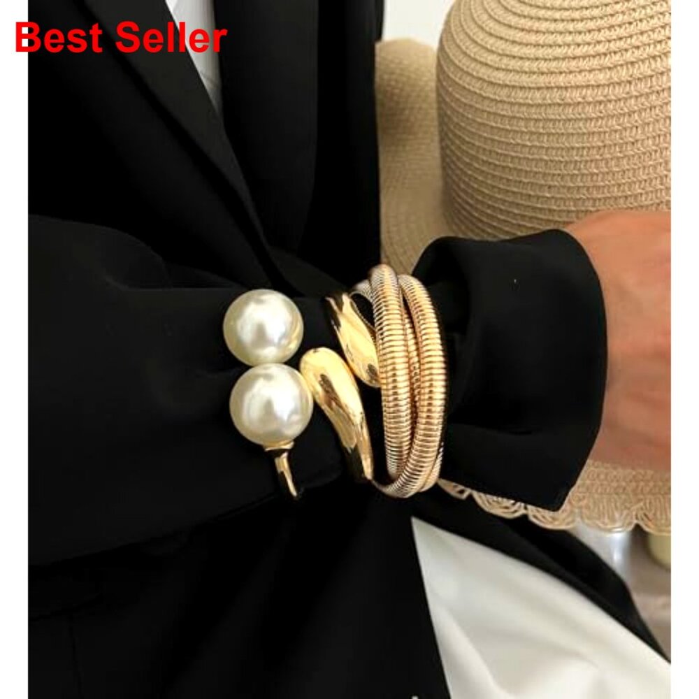 Chunky Gold Bangle Bracelets, Stackable Chain Set… - image 2